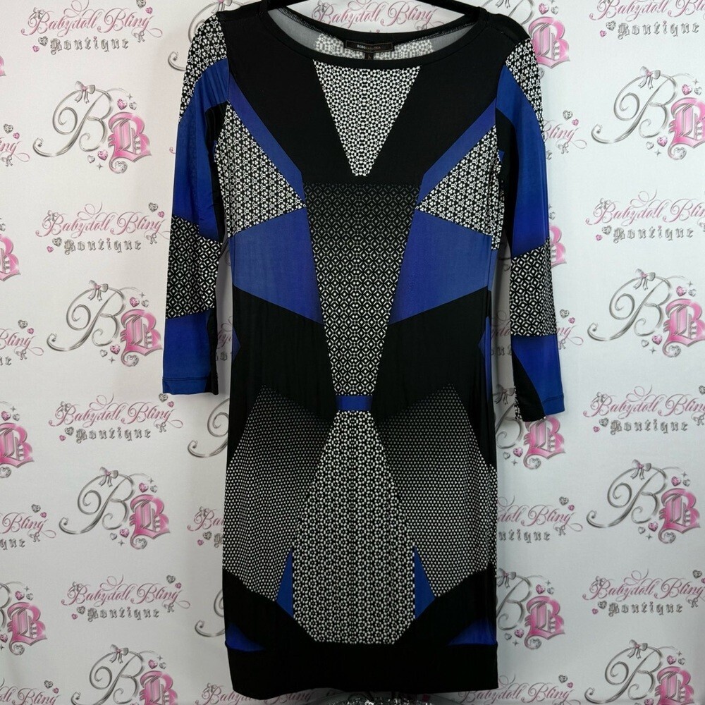BCBGMaxAzria dress geometric white grey Blue and Black Long Sleeve Dress